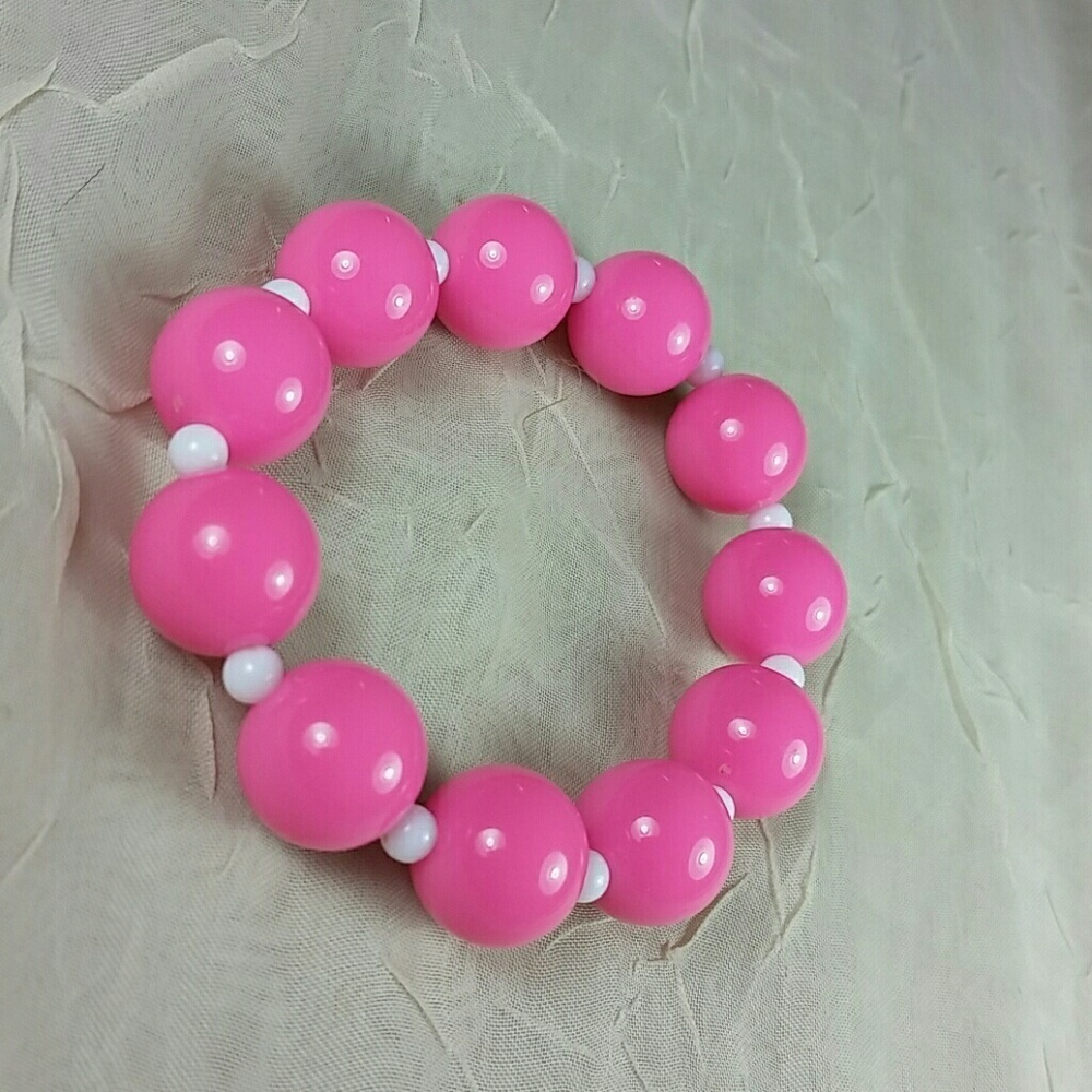 Bracelet Pink white Lucite beads stretch Vintage